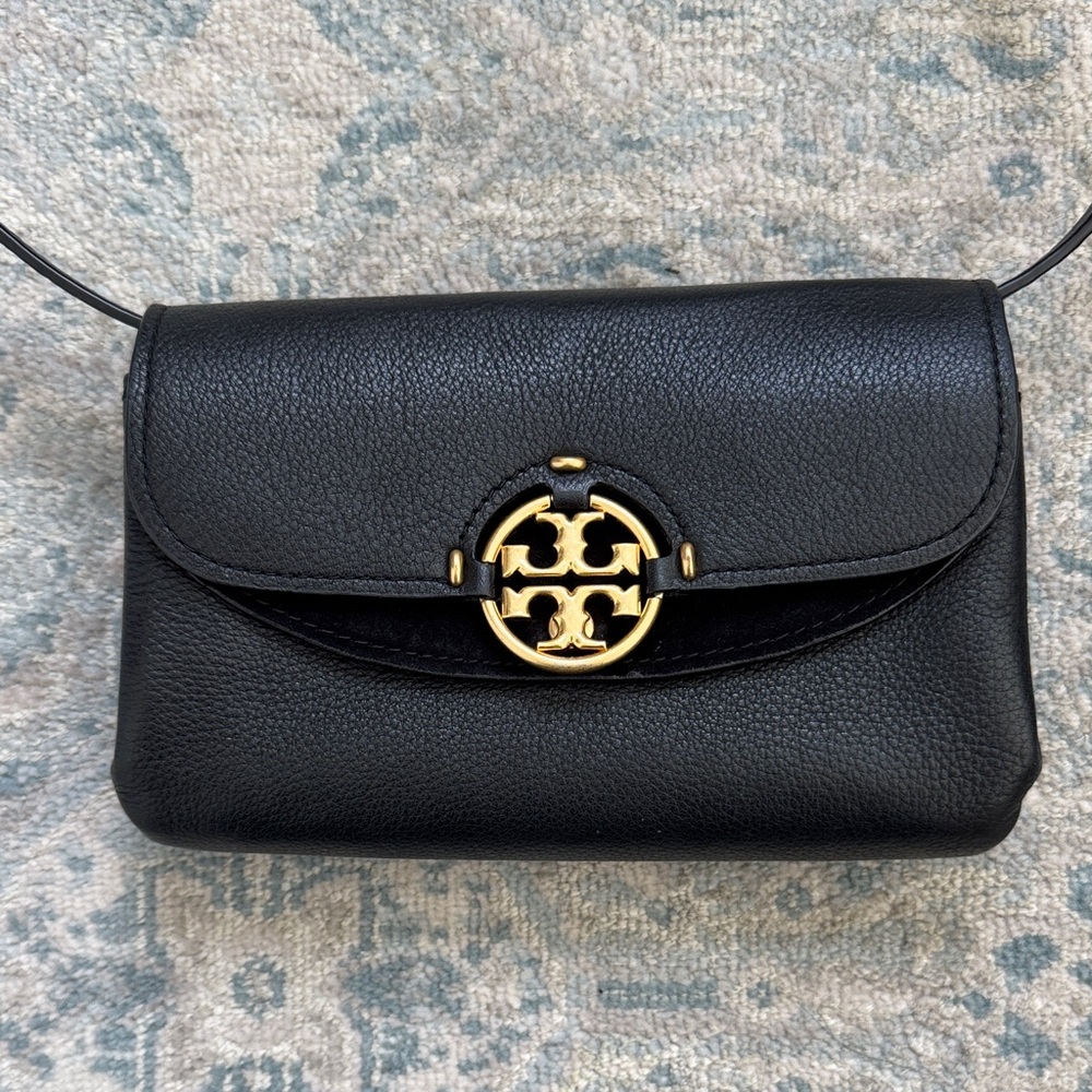 Tory Burch Black Pebbled Leather Crossbody with Gold Logo